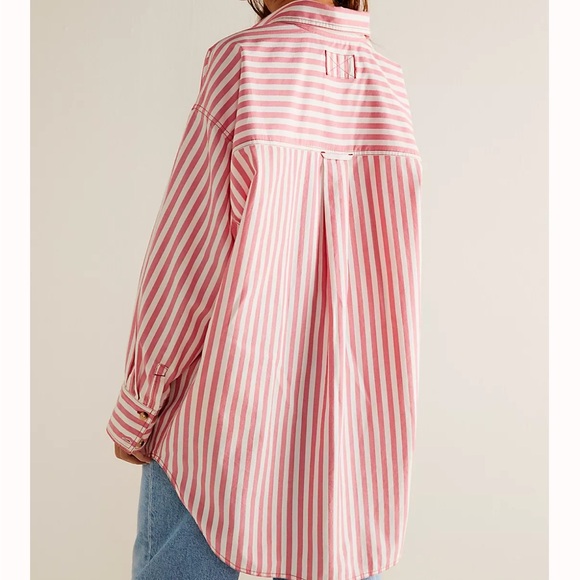 Free People Oversized Coral Pink & White Striped Button Up Shirt - Picture 6 of 7